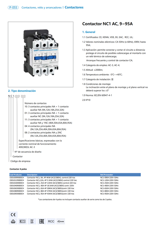 Contactor CHINT NC1‑65 4P 65 A 30 kW AC3 380 V – Bobina 220 V AC – Código 03010659000CH