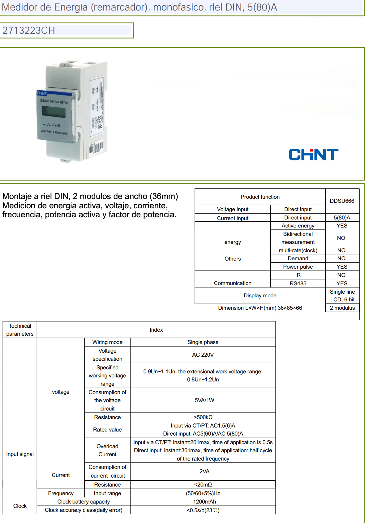 Medidor de Energía CHINT DDSU666 Monofásico 1F+N 5(80) A – Código 2713223CH