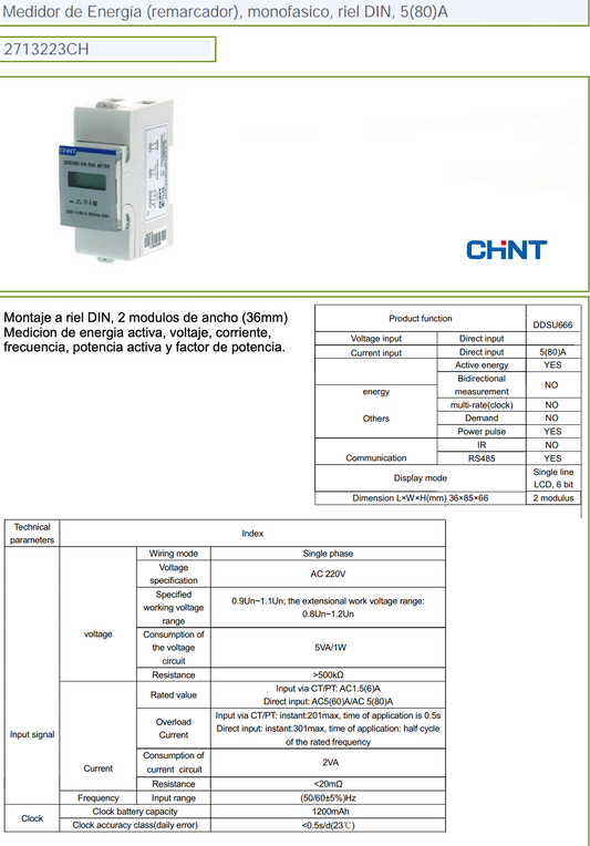 Medidor de Energía CHINT DDSU666 Monofásico 1F+N 5(80) A – Código 2713223CH
