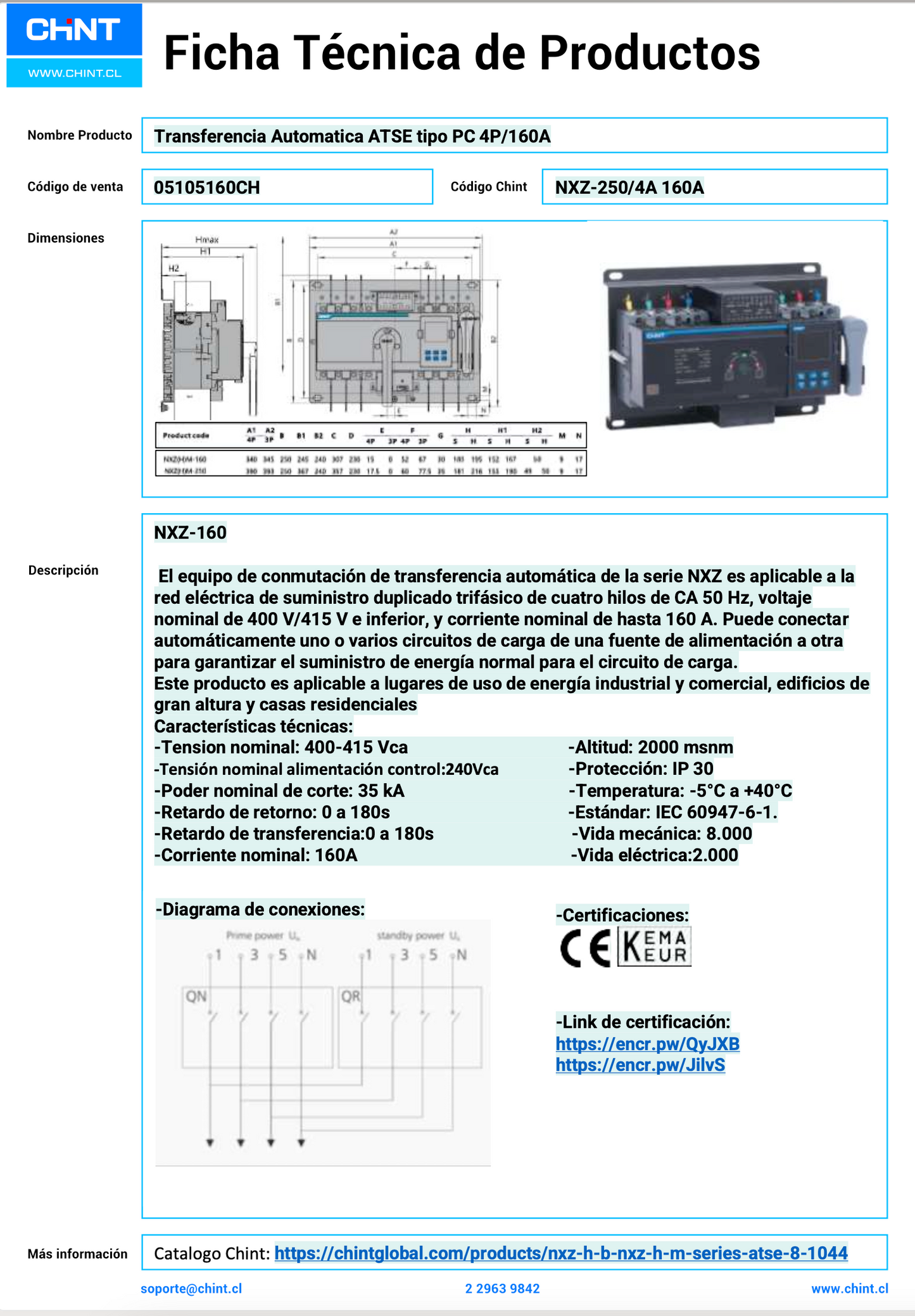 Transferencia Automática CHINT NXZ-250/4A 160A 400V 4P con Breaker y Relé – Código 05105160CH