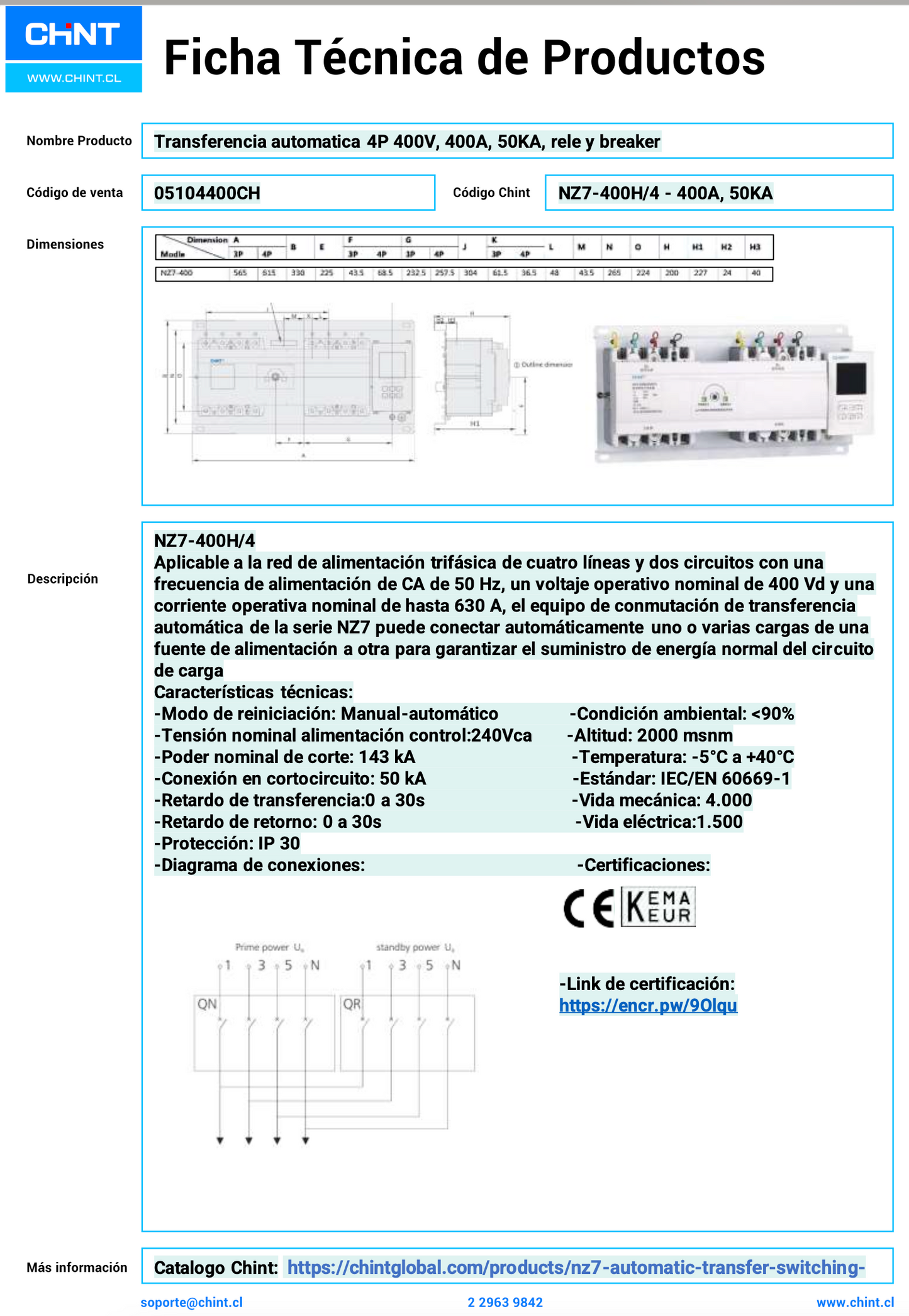 Transferencia Automática CHINT NXZM‑400S/4B 4P 400 A 50 kA – Código 05104400CH