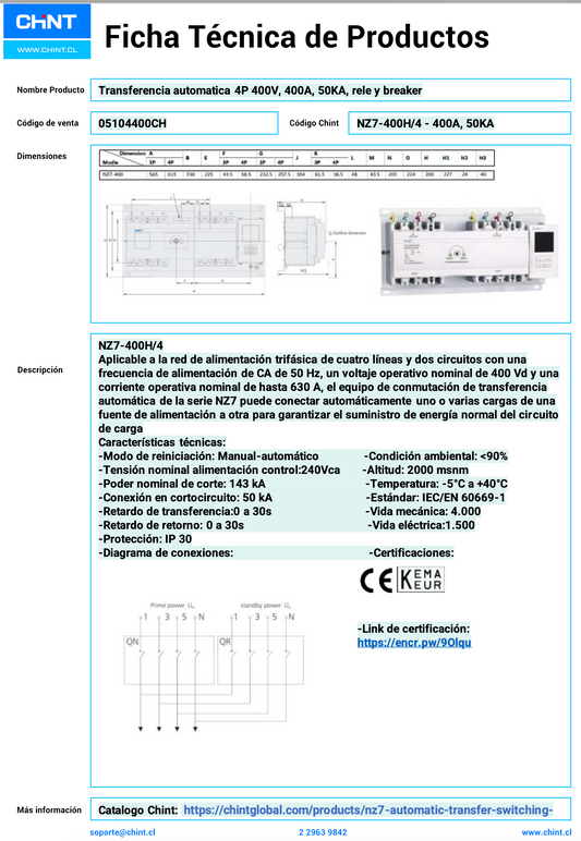 Transferencia Automática CHINT NXZM‑400S/4B 4P 400 A 50 kA – Código 05104400CH