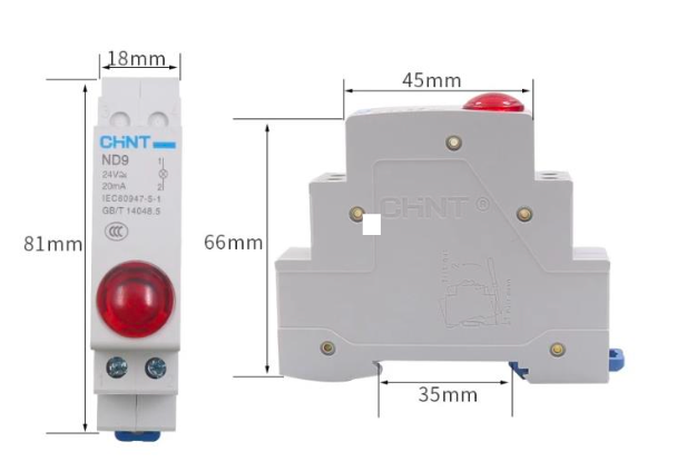 Piloto LED Montaje Riel DIN CHINT ND9‑1/R Rojo 230 VAC/DC 20 mA – Código 2507502CH
