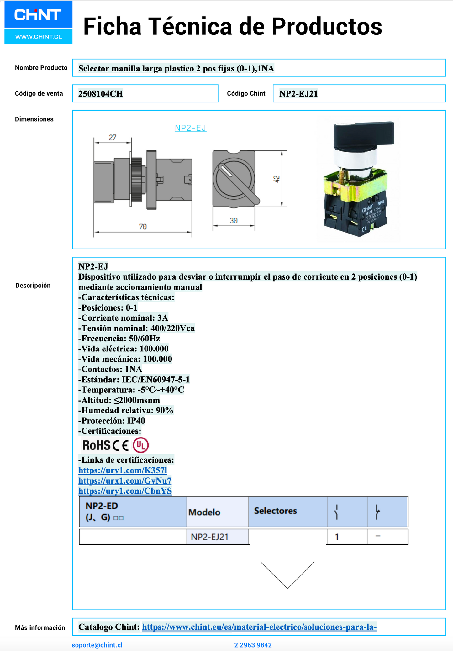 Selector Plástico Manilla Larga CHINT NP2‑EJ21 2 Posiciones (0‑1) 1 NA – Código 2508104CH