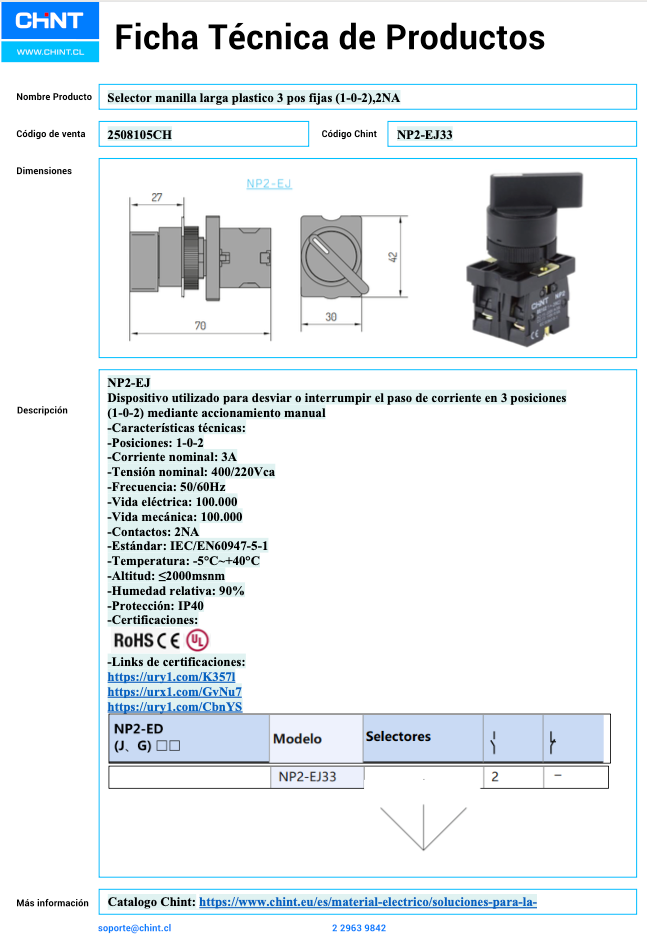 Selector Plástico 3 Posiciones Metálico CHINT NP2‑EJ33 2 NA – Código 2508105CH