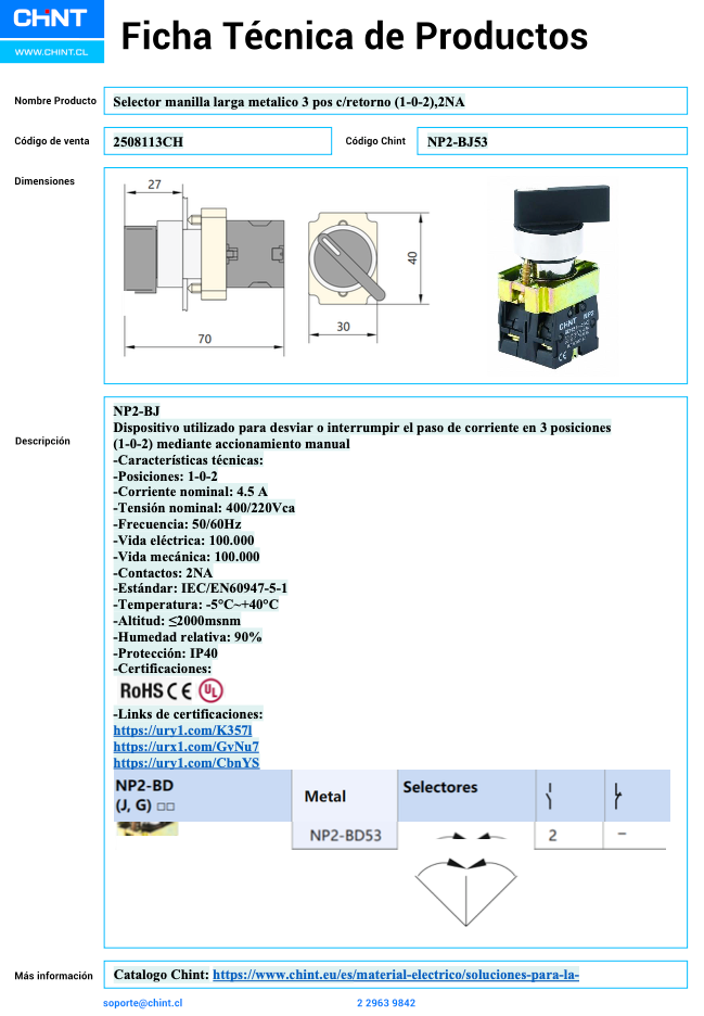 Selector Metálico CHINT NP2‑BJ53 3 Posiciones con Retorno Automático 2 NA – Código 2508113CH