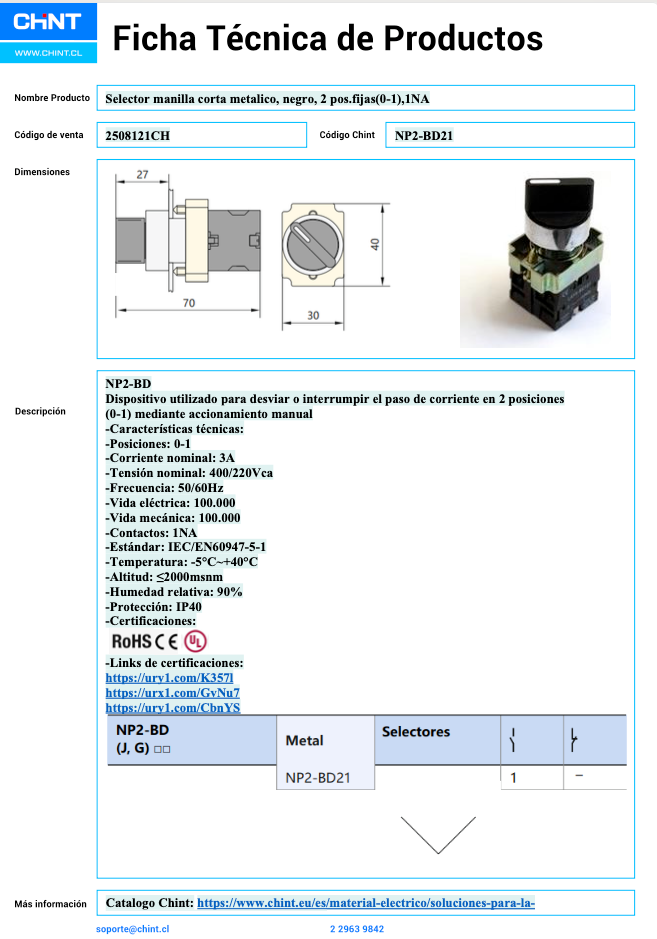 Selector Metálico Manilla Corta CHINT NP2‑BD21 2 Posiciones (0‑1) 1 NA – Código 2508121CH