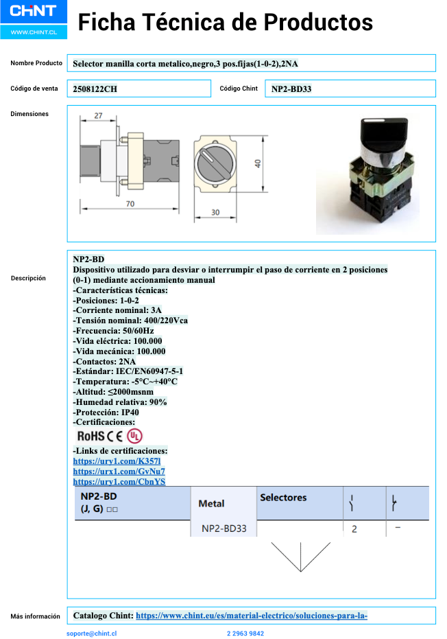 Selector Metálico Manilla Corta CHINT NP2‑BD33 3 Posiciones (1‑0‑2) 2 NA – Código 2508122CH
