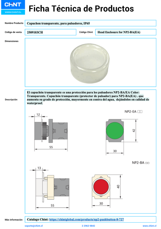 Capuchón Transparente IP65 CHINT para Pulsadores NP2‑BA(EA) – Código 2509103CH
