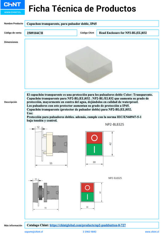 Capuchón Transparente IP65 CHINT para Pulsador Doble NP2‑BL832/EL832 – Código 2509104CH