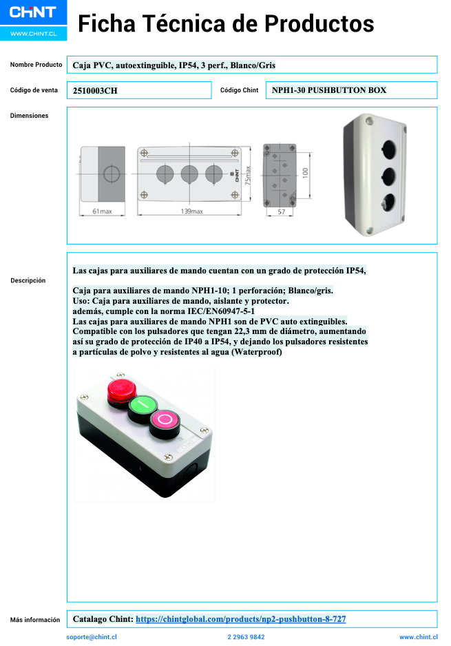 Caja PVC Autoextinguible CHINT NPH1‑30 IP65 3 Perforaciones Ø22 mm – Código 2510003CH