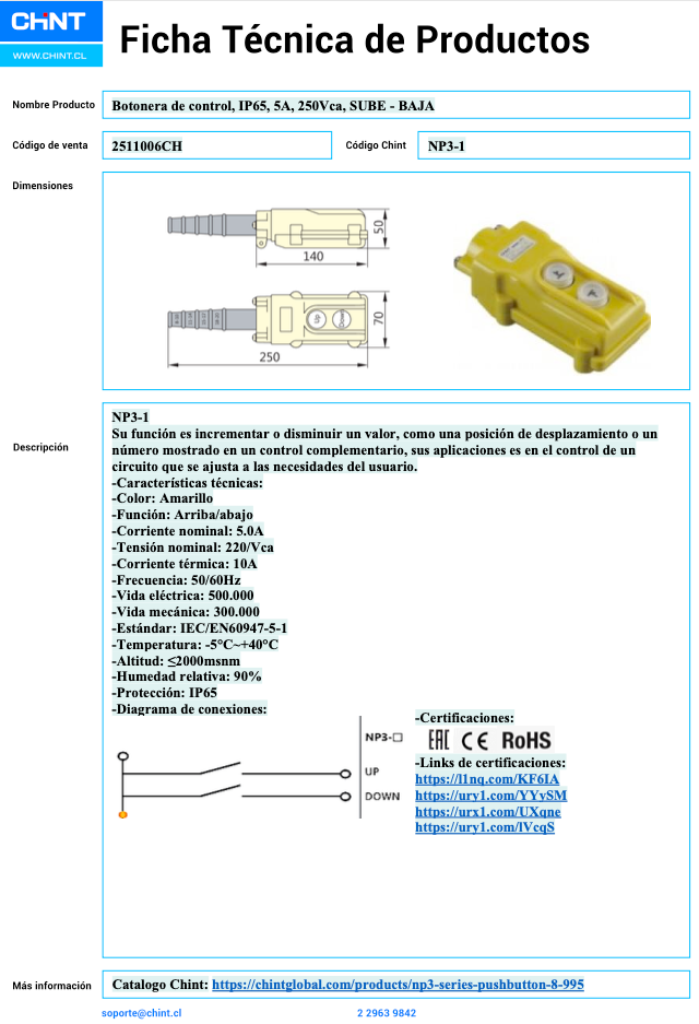 Botonera Colgante Metálica/Plástica CHINT NP3‑1 (SUBE‑BAJA) IP65 5 A 250 VAC – Código 2511006CH