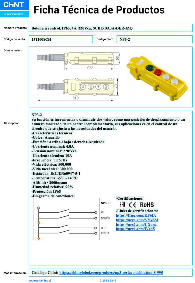 Botonera Colgante CHINT NP3‑2 (SUBE‑BAJA‑DER‑IZQ) IP65 4 A 220 VAC – Código 2511008CH