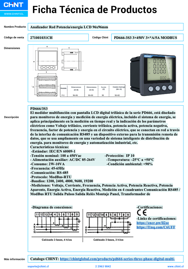 Analizador de Red CHINT PD666‑3S3 LCD 96×96 mm Modbus RTU 3 × 450 V / 3 × 5 A – Código 271001031CH