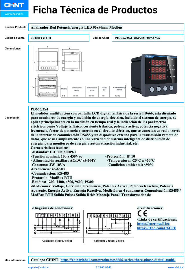 Analizador de Red CHINT PD666‑3S4 LED 96×96 mm Modbus RTU 3×450 V, 3×*A/5 A – Código 27100331CH