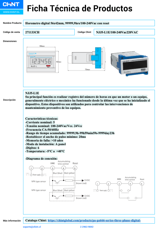 Horómetro Digital CHINT NJJ5‑L1E 56×42 mm, 99 999,9 h, Reset, 100‑240 Vac – Código 271133CH