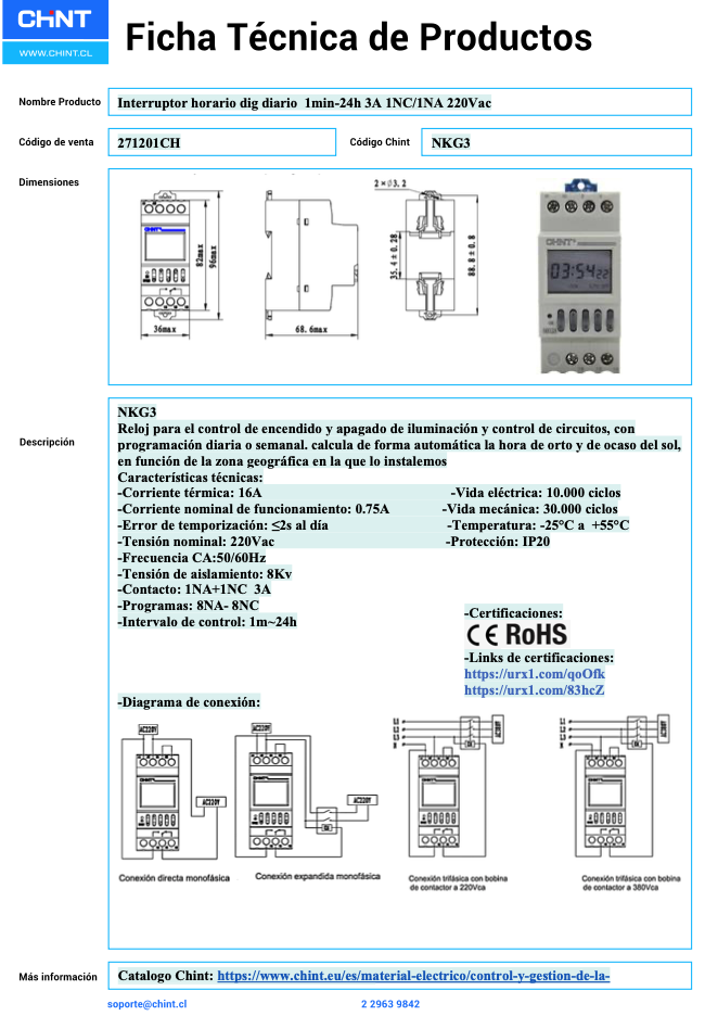 Interruptor Horario Digital Diario CHINT NKG3‑M 1 min–24 h 3 A 1 NA/1 NC – Código 271201CH