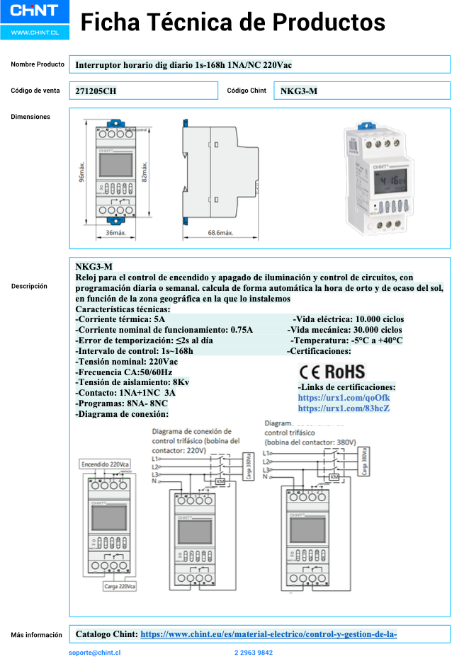 Interruptor Horario Digital CHINT NKG3‑M Diario/Semanal 1 s–168 h 1 NA/1 NC 3 A 220 VAC – Código 271205CH