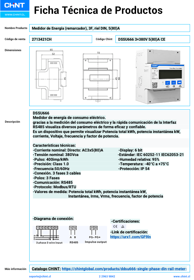 Medidor de Energía Trifásico CHINT DSSU/DTSU666 DIN‑Rail 3×220‑380 V 5(80) A RS‑485 Modbus – Código 2713421CH