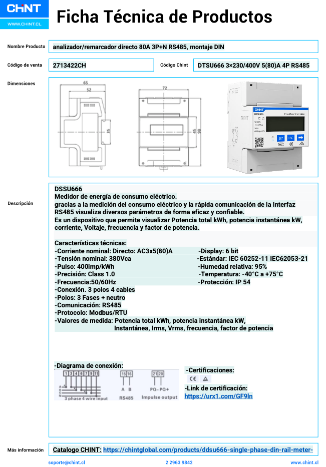 Medidor de Energía Trifásico CHINT DTSU666 3F+N Riel DIN 5(80) A RS‑485 Modbus RTU – Código 2713422CH