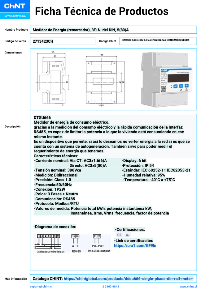 Medidor de Energía Trifásico CHINT DTSU666‑CT 1.5(6) A 4 Hilos RS‑485 Modbus – Código 2713423CH