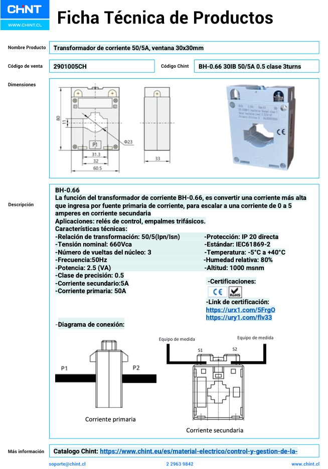 Transformador de Corriente CHINT BH‑0.66 30I 50/5 A Clase 0.5 – Código 2901005CH