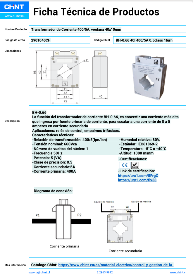 Transformador de Corriente CHINT BH‑0.66 40I 400/5 A Clase 0.5 – Código 2901040CH