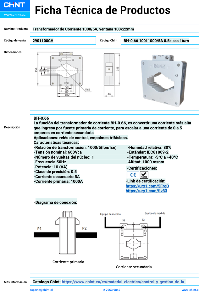 Transformador de Corriente CHINT BH‑0.66 100I 1000/5 A Clase 0.5 – Código 2901100CH