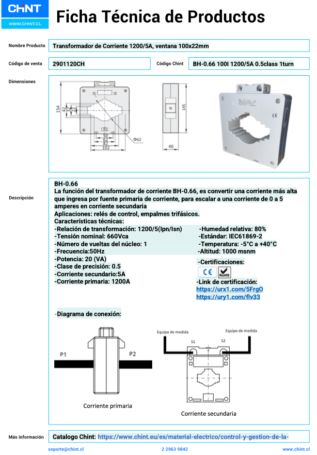 Transformador de Corriente CHINT BH‑0.66 100I 1200/5 A Clase 0.5 – Código 2901120CH