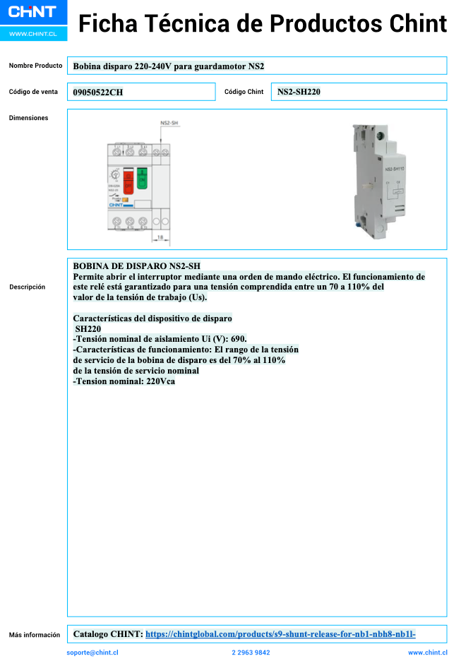 Bobina de disparo (Shunt Release) CHINT NS2‑SH220 220‑240 V – Código 09050522CH