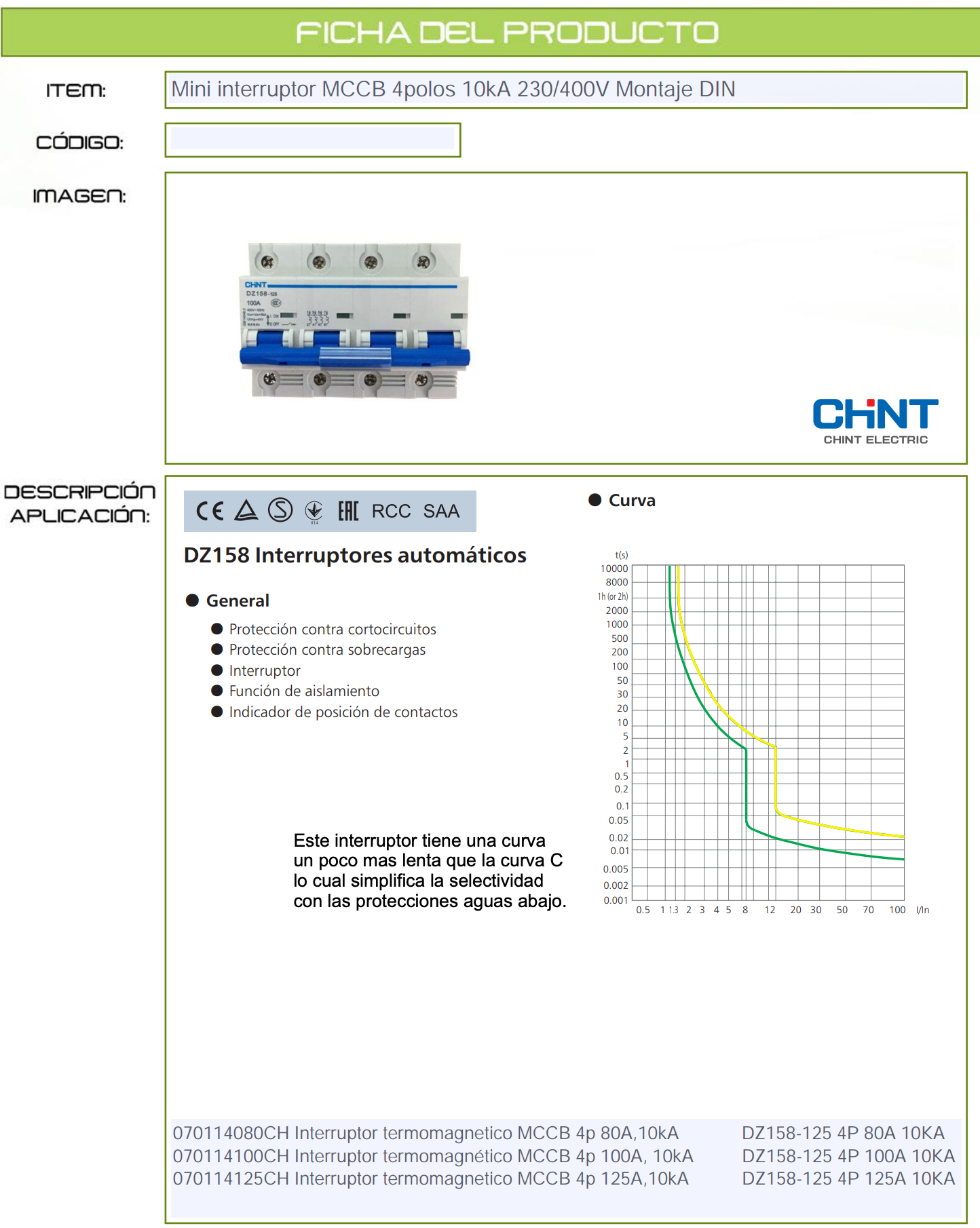 Interruptor Termomagnético (MCCB) CHINT DZ158‑125 4P 100 A Curva C 10 kA – Código 070114100CH