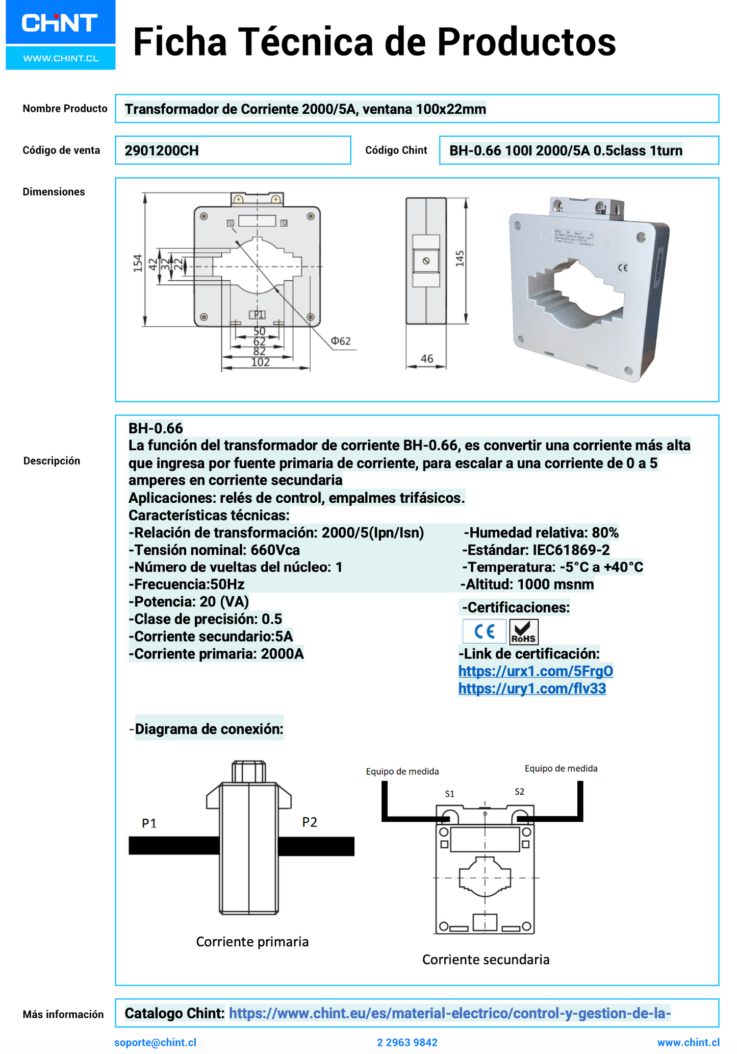 Transformador de Corriente CHINT BH‑0.66 80I 2000/5 A Clase 0.5 – Código 2901200CH
