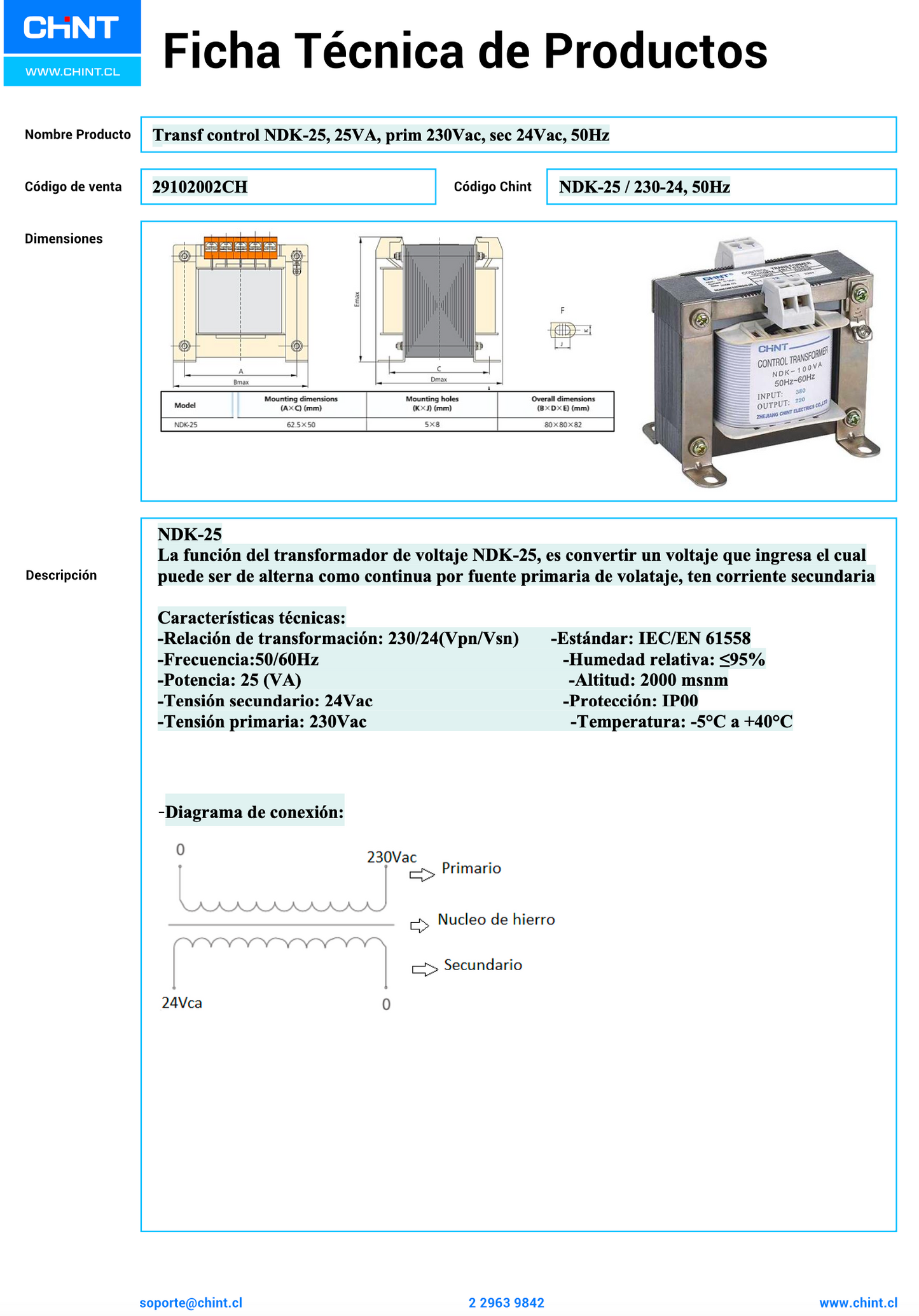 Transformador de Control CHINT NDK‑25VA 230 VAC → 24 VAC – Código 29102002CH