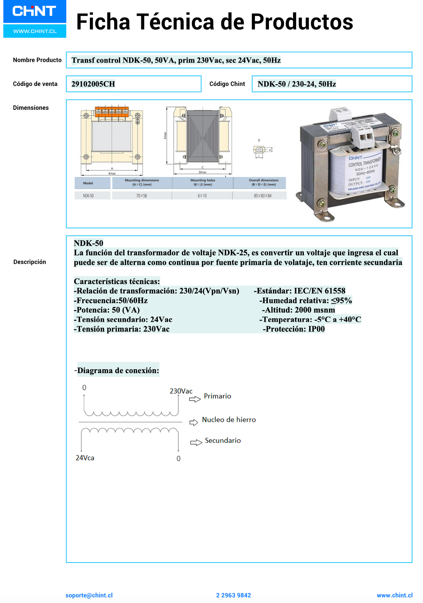 Transformador de Control CHINT NDK‑50VA 50 VA 230 VAC → 24 VAC – Código 29102005CH