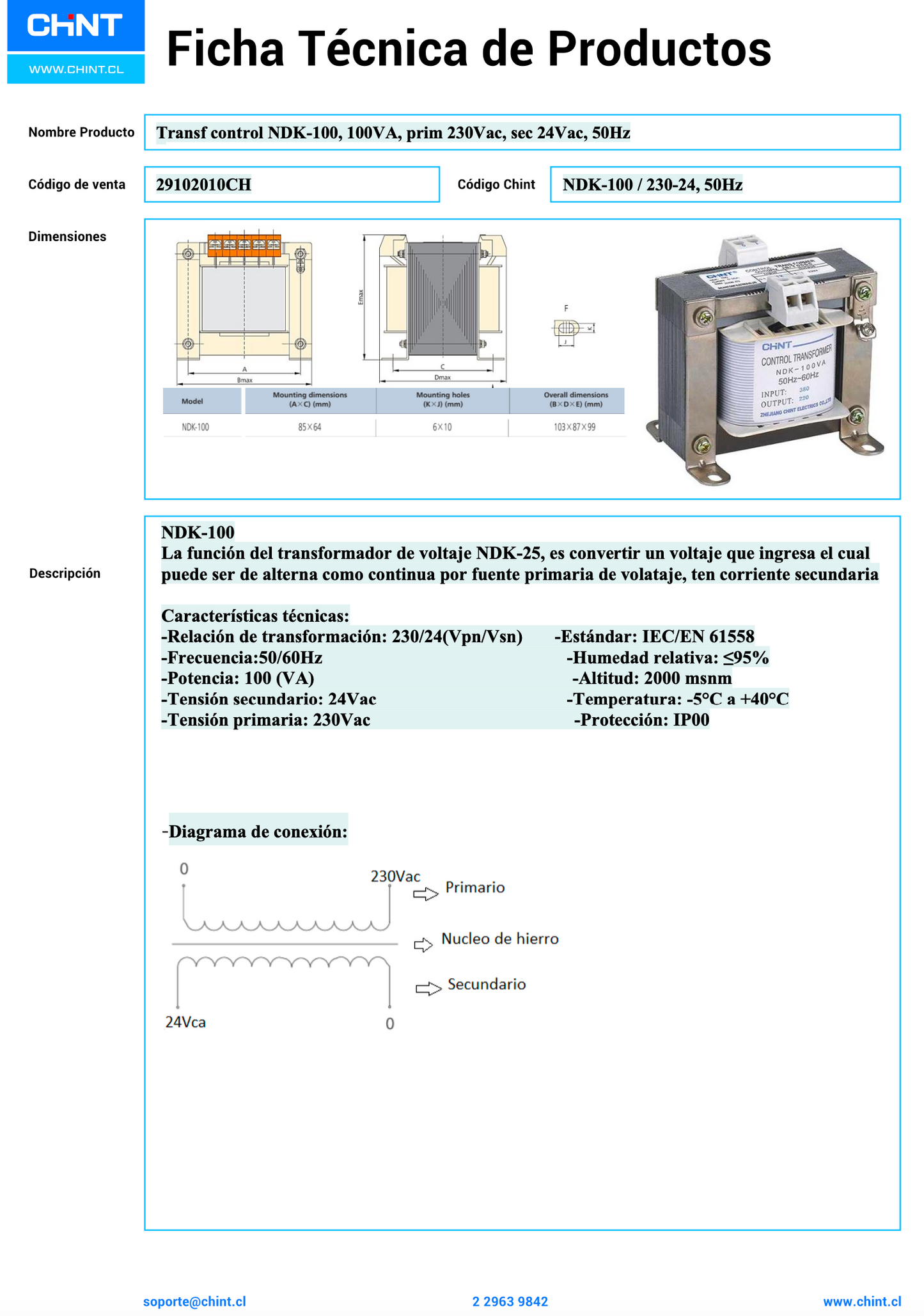 Transformador de Control CHINT NDK‑100VA 100 VA 230/400 VAC → 24 VAC – Código 29102010CH