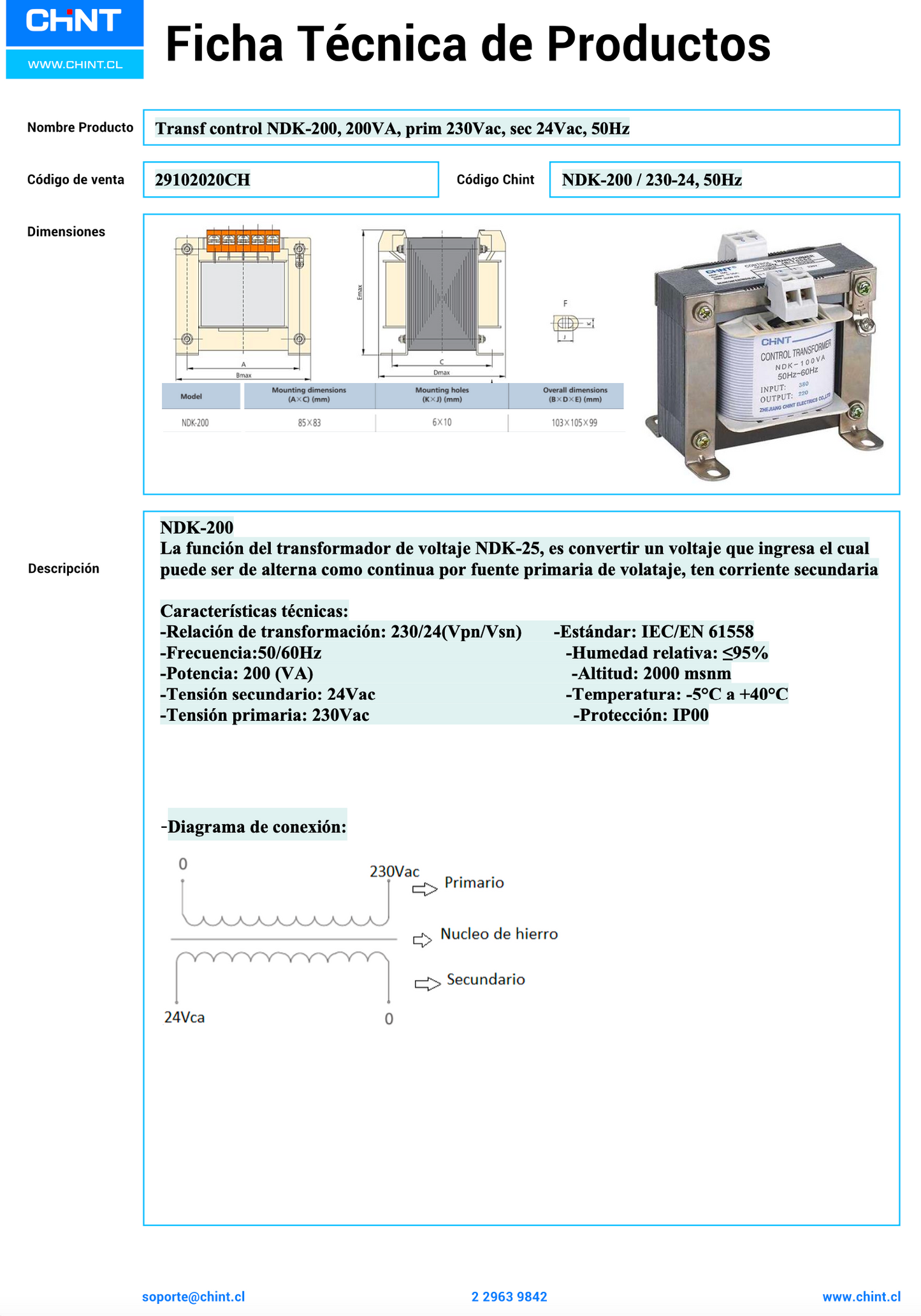 Transformador de Control CHINT NDK‑200VA 200 VA 230/400 VAC → 24 VAC – Código 29102020CH