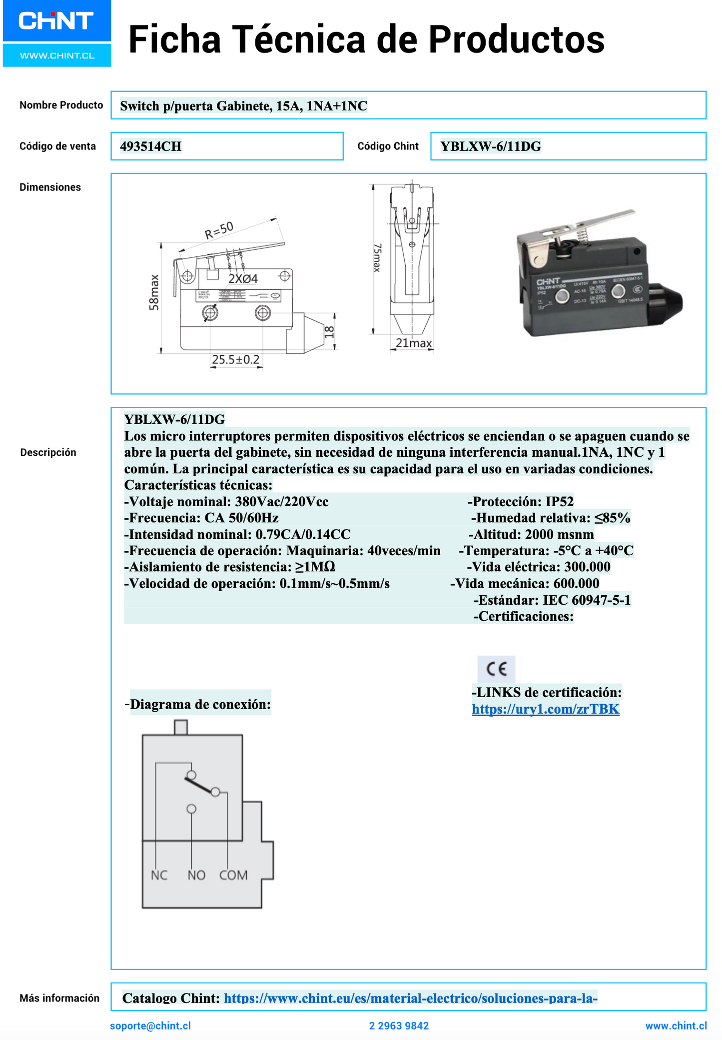 Switch mecánico de puerta gabinete CHINT YBLXW‑6/11DG 15 A 1NO+1NC – Código 493514CH