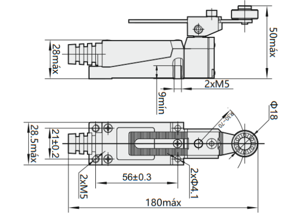 Final de Carrera de Fibra CHINT YBLX‑ME/8108, Brazo Ajustable con Roldana Nylon – Código 57012411CH