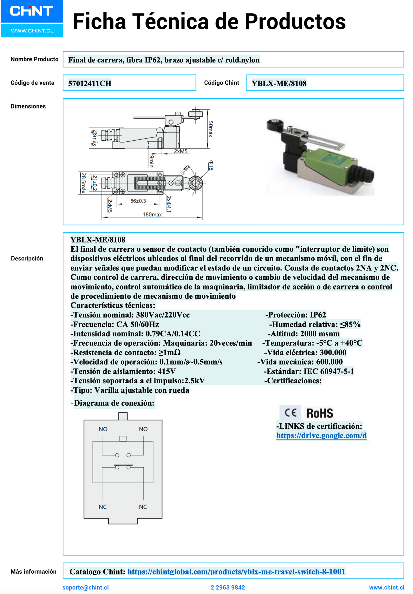 Final de Carrera de Fibra CHINT YBLX‑ME/8108, Brazo Ajustable con Roldana Nylon – Código 57012411CH