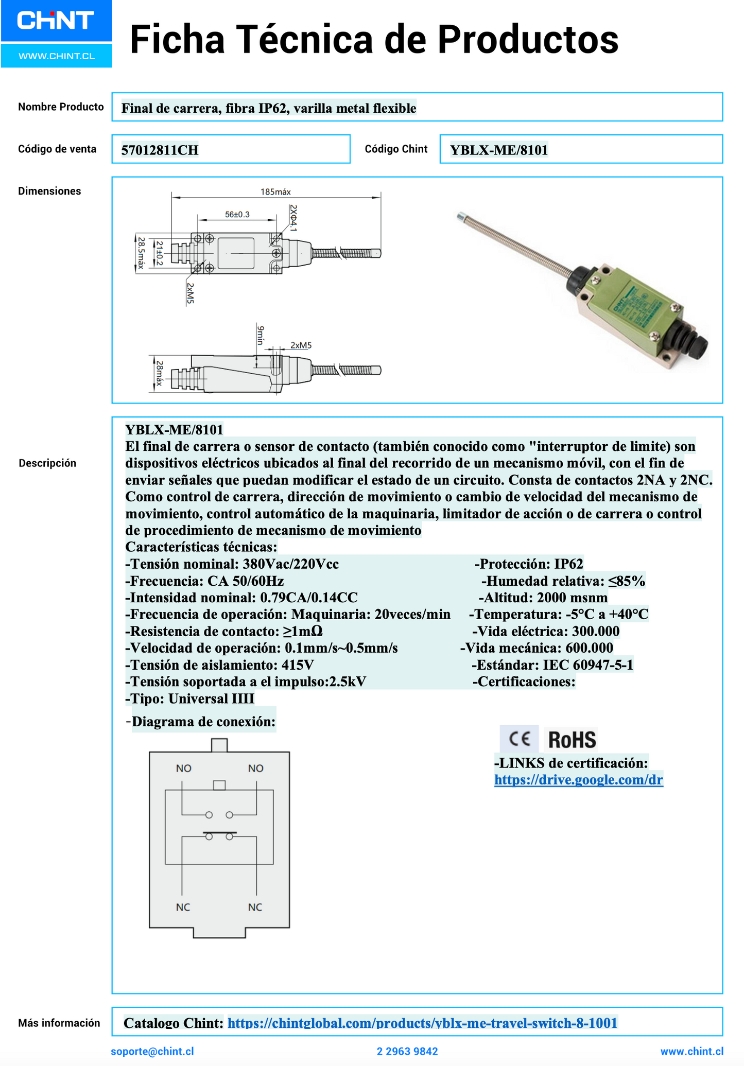Final de Carrera CHINT YBLX‑ME/8101 Fibra, Varilla Metálica Flexible – Código 57012811CH