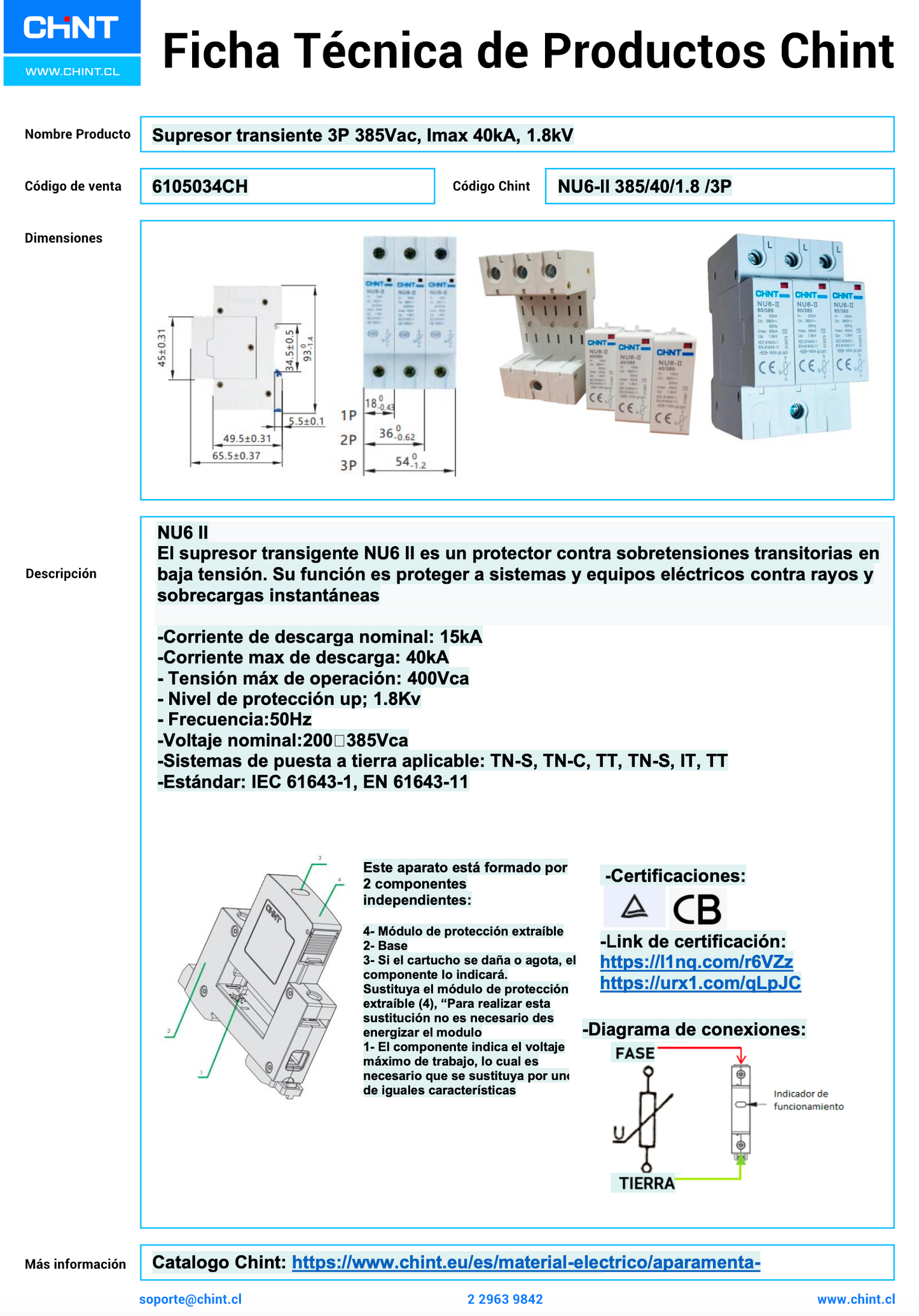 Supresor de Transiente CHINT NU6‑Ⅱ 3P 385 VAC Imax 40 kA Clase II – Código 6105034CH
