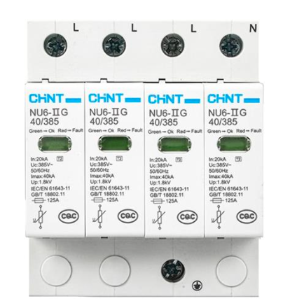 Supresor de Transiente CHINT NU6‑ⅡG 3P+N 385 VAC Imax 40 kA Indicador – Código 61050440CH