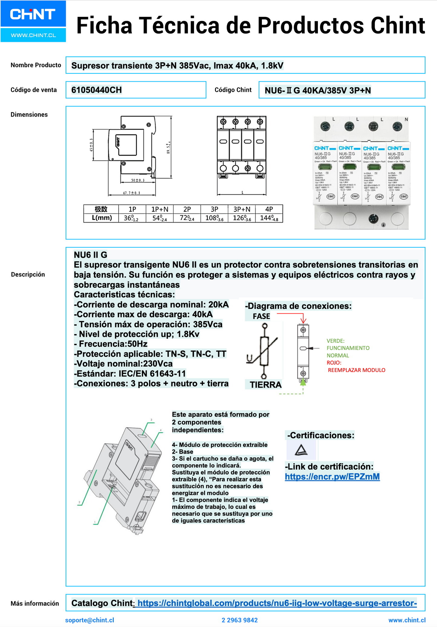 Supresor de Transiente CHINT NU6‑ⅡG 3P+N 385 VAC Imax 40 kA Indicador – Código 61050440CH