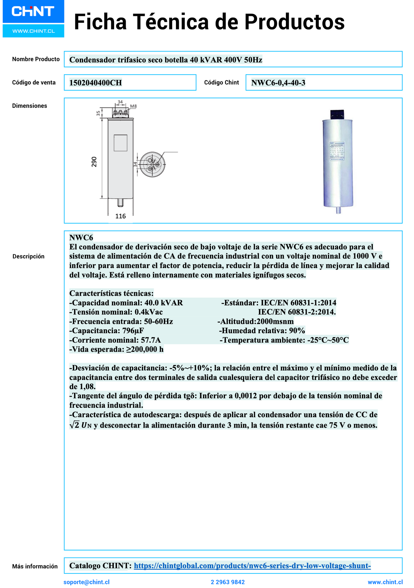 Condensador trifásico seco tipo botella CHINT NWC6 40 kVAr 400 V – Código 1502040400CH