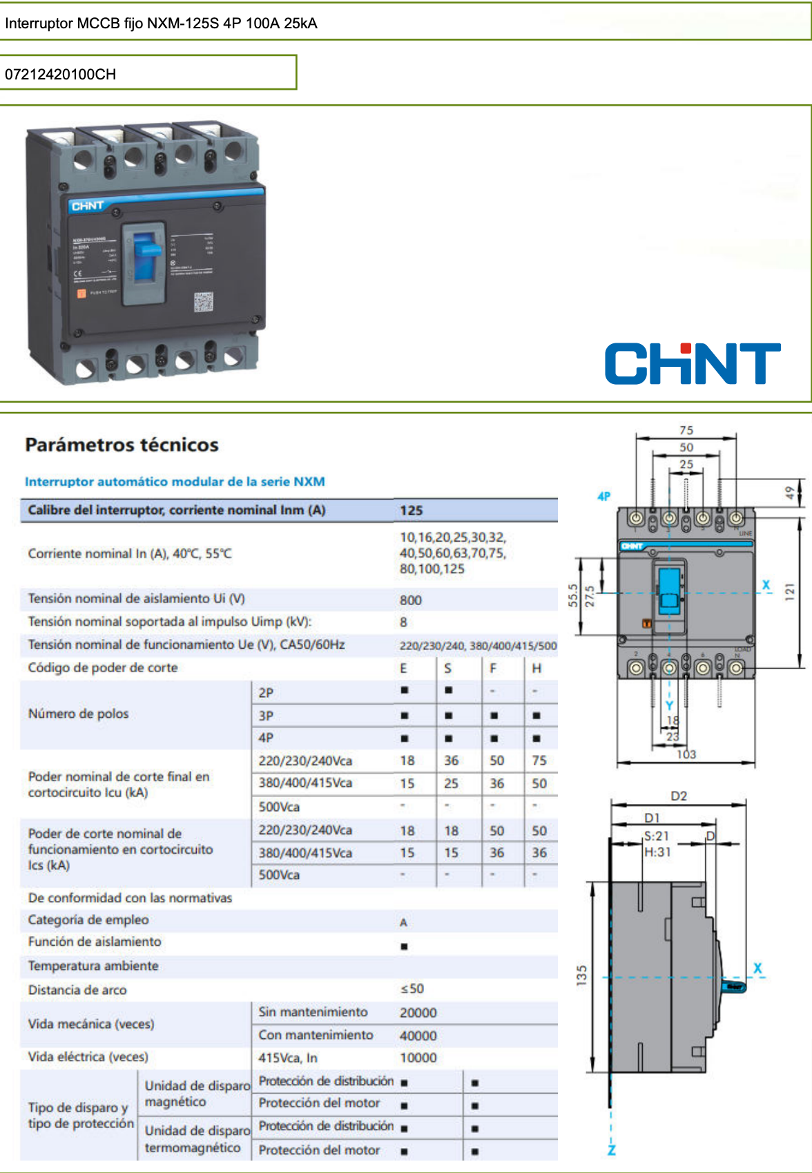 Interruptor Automático (MCCB) CHINT NXM‑125S/4300B 4P 100 A Curva S 25 kA – Código 07212420100CH