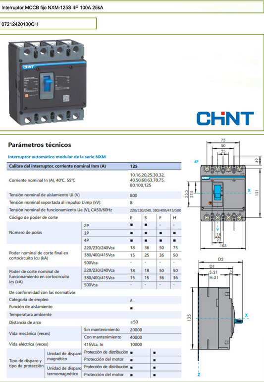 Interruptor Automático (MCCB) CHINT NXM‑125S/4300B 4P 100 A Curva S 25 kA – Código 07212420100CH