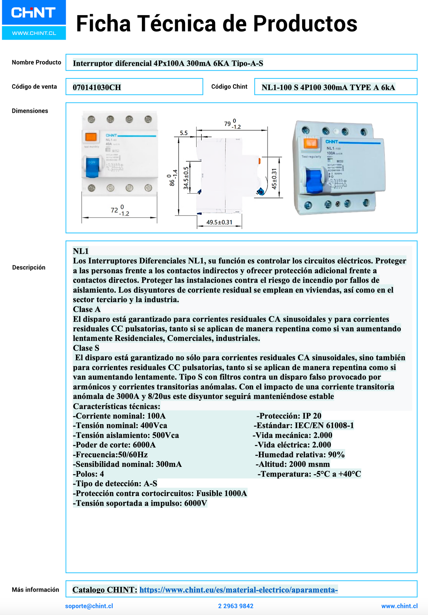 Interruptor Diferencial (RCCB) CHINT NL1 4P 100 A 300 mA Tipo A – Código 070141030CH