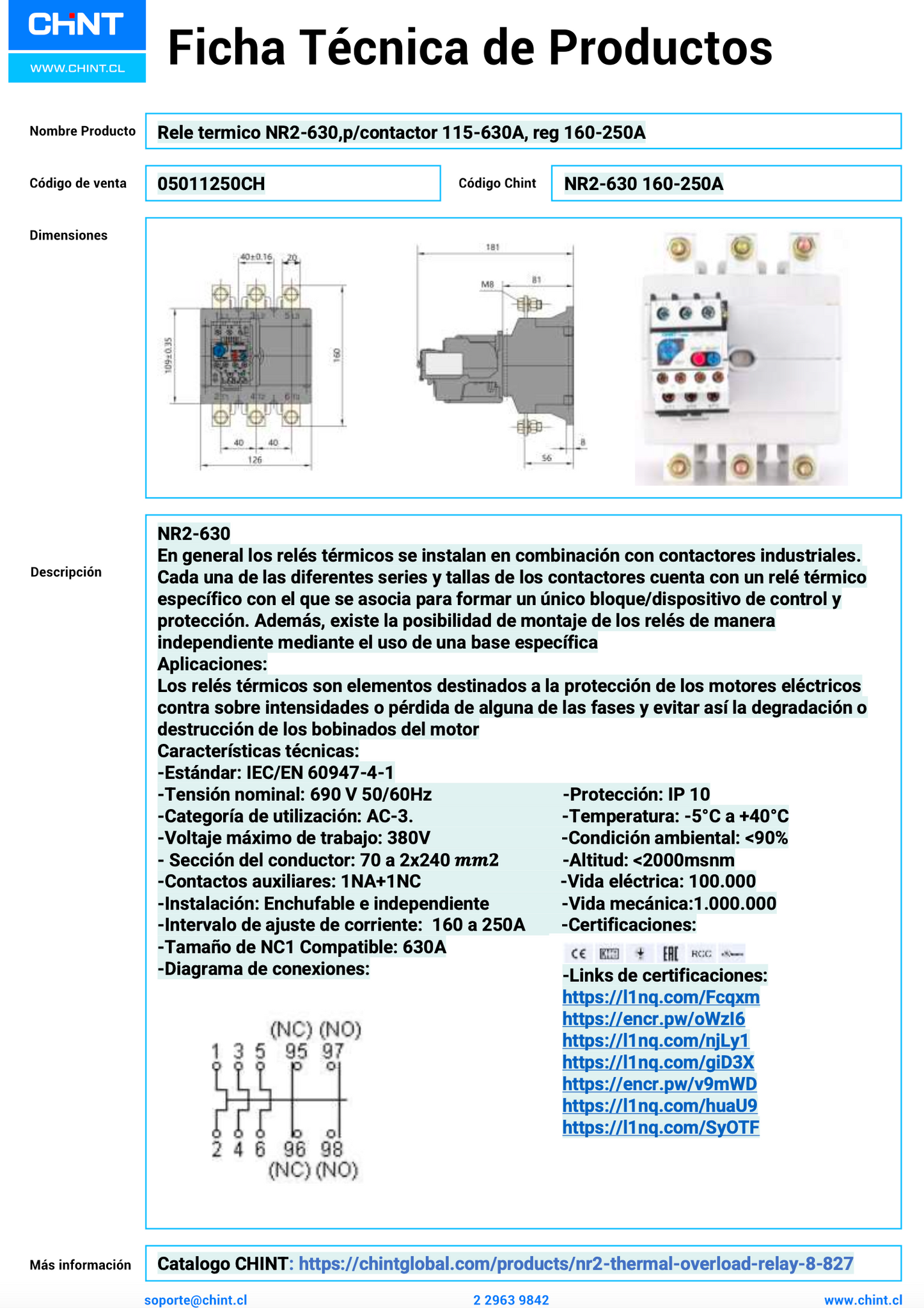 Relé Térmico CHINT NR2‑630 3P 160–250 A Regulable – Código 05011250CH