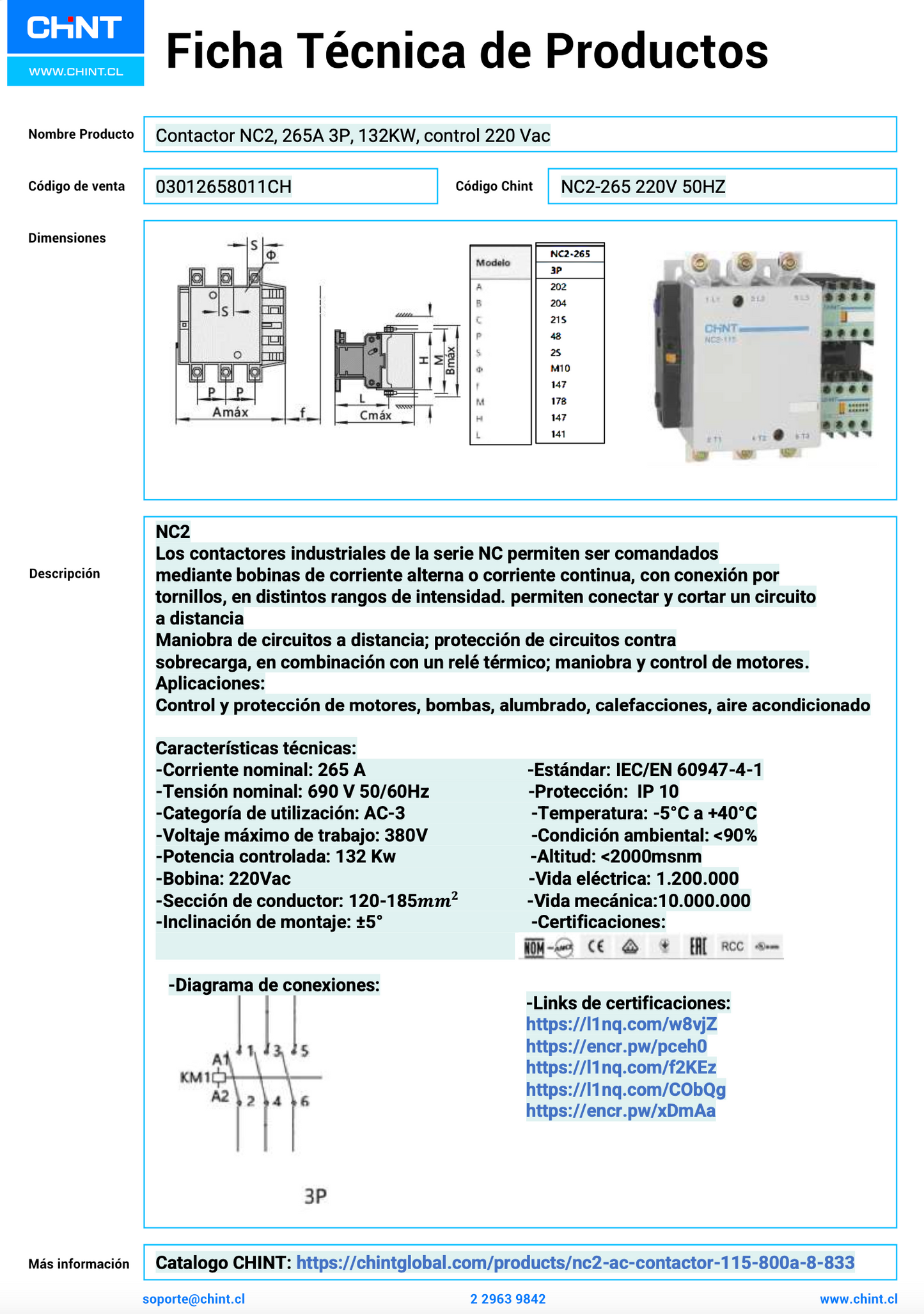 Contactor CHINT NC2‑265 3P 265 A AC‑3 (132 kW) Bobina 220 VAC – Código 03012658011CH