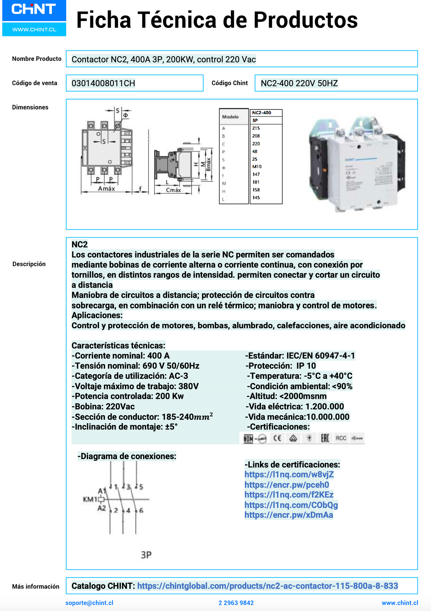 Contactor CHINT NC2‑400 3P 400 A AC‑3 (≈ 200 kW) Bobina 220 VAC – Código 03014008011CH